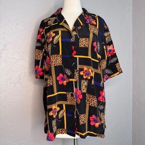 Vtg 80's Women Med Black Pink flowers cheetah print button short sleeve top